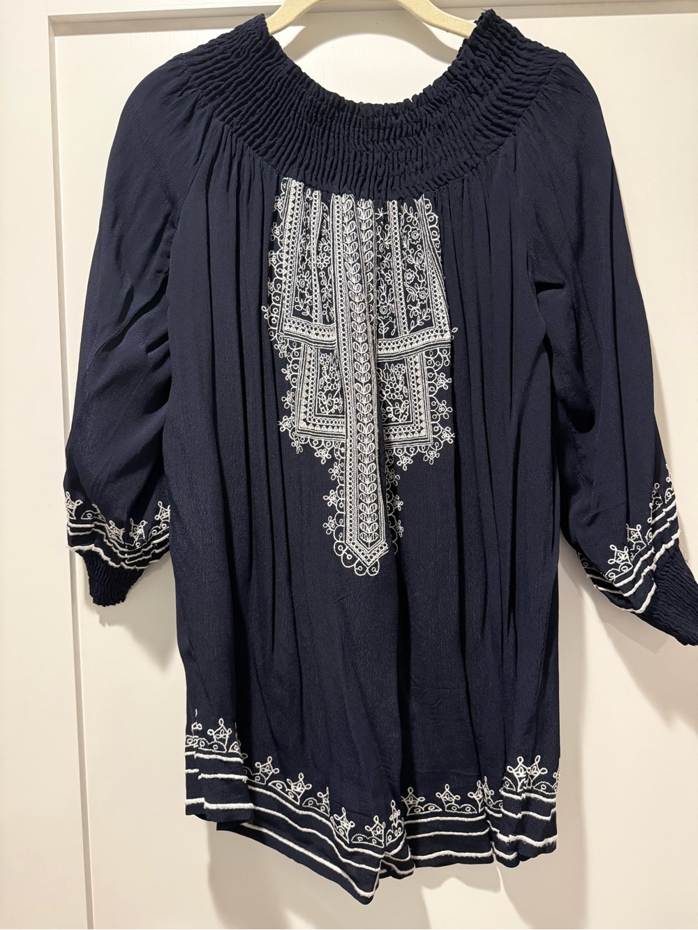 Tularosa Navy Peasant Dress with White Embroidery